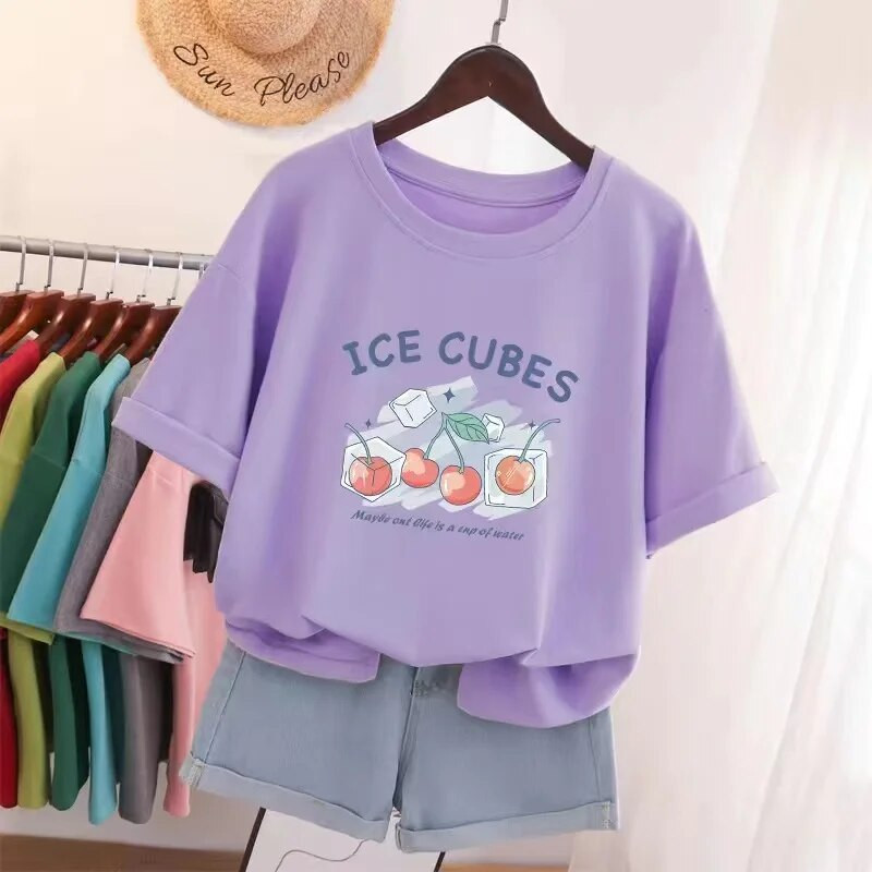 Vasaros didelio dydžio aukščiausios kokybės medvilniniai Y2KT marškinėliai Moteriški animacinių filmų vyšnių raštais marškinėliai, dideli bėgimo sportiniai marškinėliai Nemokamas pristatymas