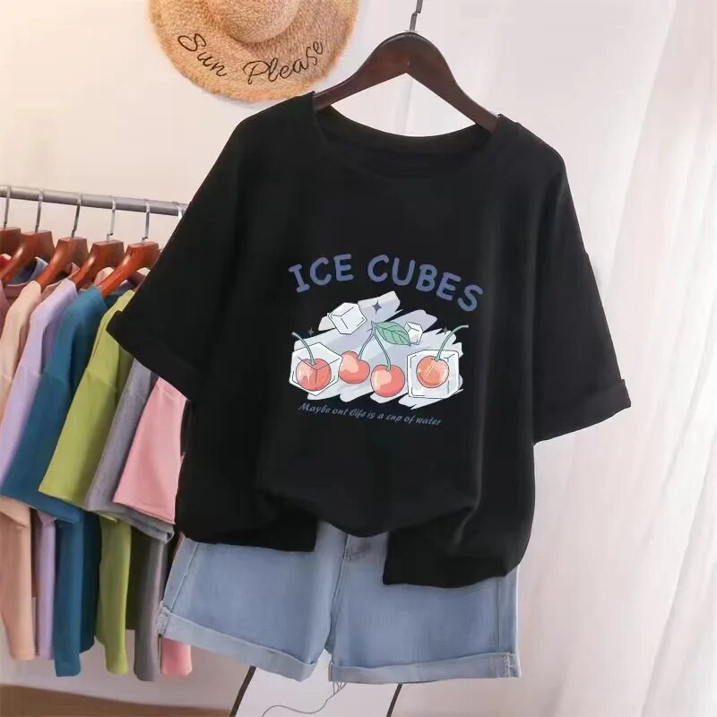 Vasaros didelio dydžio aukščiausios kokybės medvilniniai Y2KT marškinėliai Moteriški animacinių filmų vyšnių raštais marškinėliai, dideli bėgimo sportiniai marškinėliai Nemokamas pristatymas