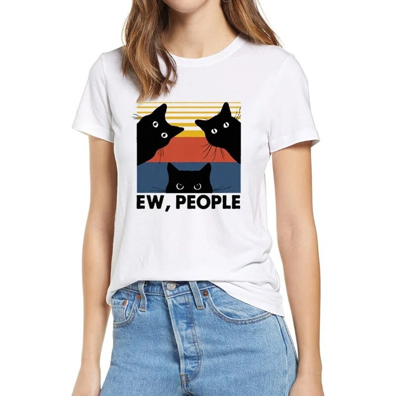 Ew People Smiješna majica kratkih rukava Black Cat Žene i muškarci Poklon za ljubitelje Vintage Pamučna majica kratkih rukava velikih veličina Humor Poklon majice