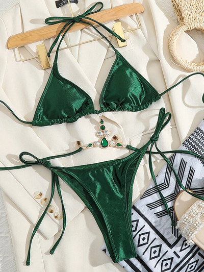 Κάλυμμα τριγώνου μπικίνι με αλυσίδα 2023 Γυναικείο μαγιό Γυναικείο μαγιό με γραβάτα στην πλάτη Μαγιό μαγιό με επένδυση