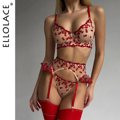 Ellolace Heart Sensual Lingerie Sheer Lace Embroidery Fancy Underwear 4-Piece Ruffle Sissy Intim Goods Деликатни секси тоалети