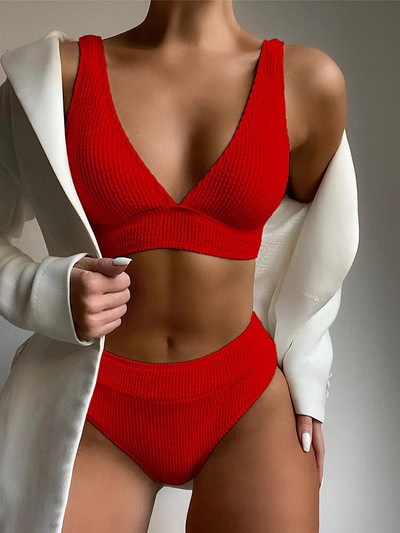 Seksika tekstuuriga bikiinid, kõrge vöökohaga ujumistrikood, soliidsed seksikad naiste ujumisriided 2023. aasta ujumiskostüüm naistele, laiade rihmadega bikiinikomplekt