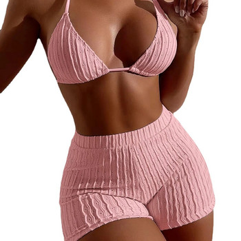 Нов комплект бикини с висока еластичност за лятото на 2023 г. Едноцветни мрежести панталони с плоски ъгли Дамски бански Плажен бански костюм Бански