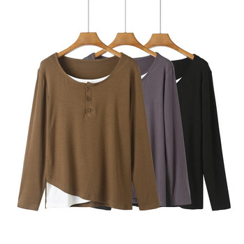 Φθινοπωρινά ρούχα 2023 Γυναικεία μακρυμάνικο μπλουζάκι σε συν μέγεθος Κλωστή σχέδιο μόδας Βαμβακερό Casual Fake 2 τεμαχίων Splicing Tee Curve