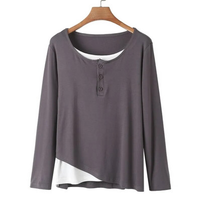 2023 Есенни дрехи Дамска тениска с дълъг ръкав Плюс размер Моден дизайн Конец Памук Ежедневна фалшива тениска с извивка от 2 части