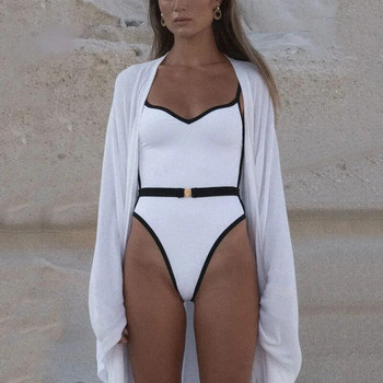 BEACHCICI Дамски бикини от една част Лятна мода Секси тиранти V-образно деколте Черен колан с подгъв Плажни ваканционни бански костюми