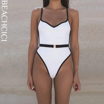 BEACHCICI Дамски бикини от една част Лятна мода Секси тиранти V-образно деколте Черен колан с подгъв Плажни ваканционни бански костюми