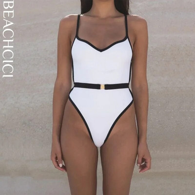 BEACHCICI Ženski bikini jednodijelni ljetni modni seksi naramenice s V-izrezom Crni porub s pojasom Kupaći kostim za odmor na plaži