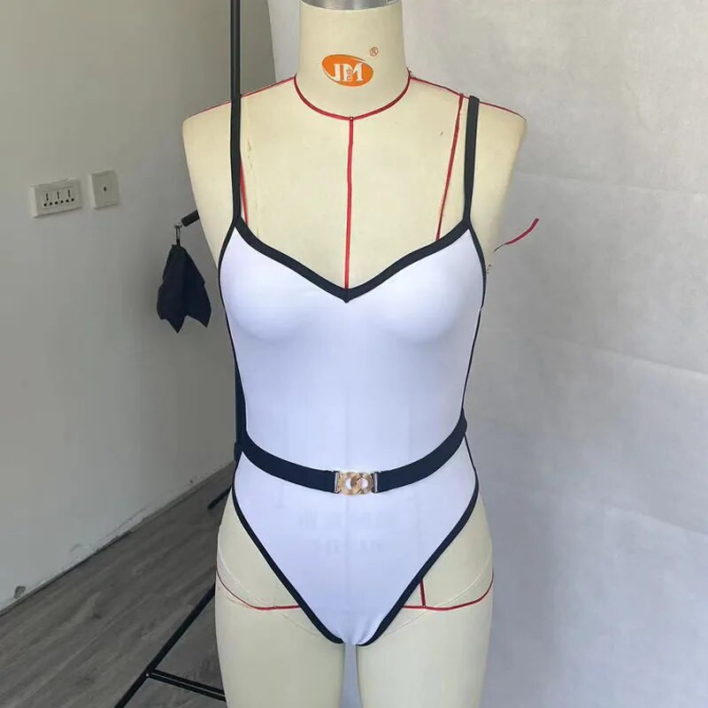 BEACHCICI Ženski bikini jednodijelni ljetni modni seksi naramenice s V-izrezom Crni porub s pojasom Kupaći kostim za odmor na plaži
