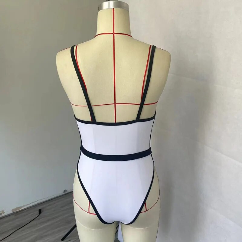 BEACHCICI Ženski bikini jednodijelni ljetni modni seksi naramenice s V-izrezom Crni porub s pojasom Kupaći kostim za odmor na plaži
