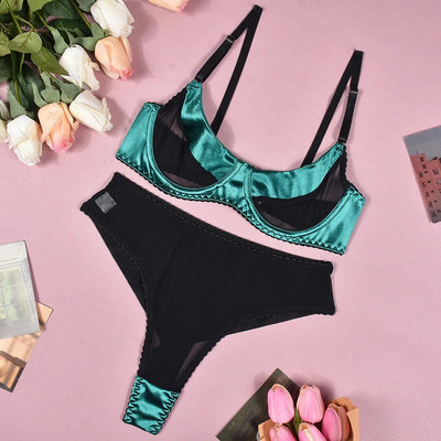 Ellolace σέξι εσώρουχα μεταξωτά με λαμπερά εσώρουχα Καθημερινή δαντέλα See Through outfits Γυναικείο σετ 2 τεμαχίων χωρίς ραφή δέσιμο οικείο