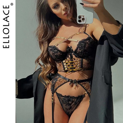 Ellolace Delicate Leopard Lingerie Cross Bra Kit Push Up See Through Бельо 4-Piece Fetish Fancy Luxury Lace Exotic Sets