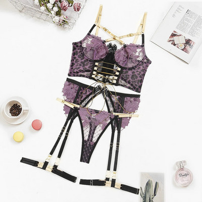 Ellolace finom leopárd fehérnemű kereszt melltartó készlet Push Up átlátszó fehérnemű 4 részes fétis díszes luxus csipke egzotikus szettek