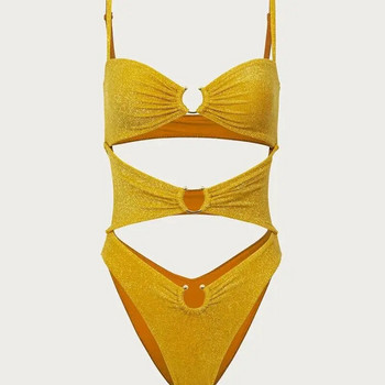 BEACHCICI Дамски секси бикини от едно парче златен принт с дантела без гръб с ниска талия и триъгълник, плажно облекло