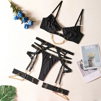 Yimunancy 3 részes párnázott fehérnemű szett női gótikus érzéki láncdíszített gótikus erotikus szett Szexi piros rövidnadrág szett