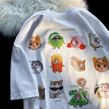 Тениска с отпечатан стикер със сладка котка, голям размер, тениска с къси ръкави, памук, Y2K, тениска с анимационен модел, лятна, свободна, ежедневна