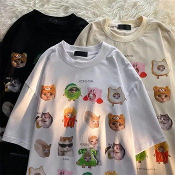 Χαριτωμένο αυτοκόλλητο γάτας με τυπωμένο μπλουζάκι κοντομάνικο βαμβακερό Y2K Top Teen Cartoon T-shirt Summer Loose Casual