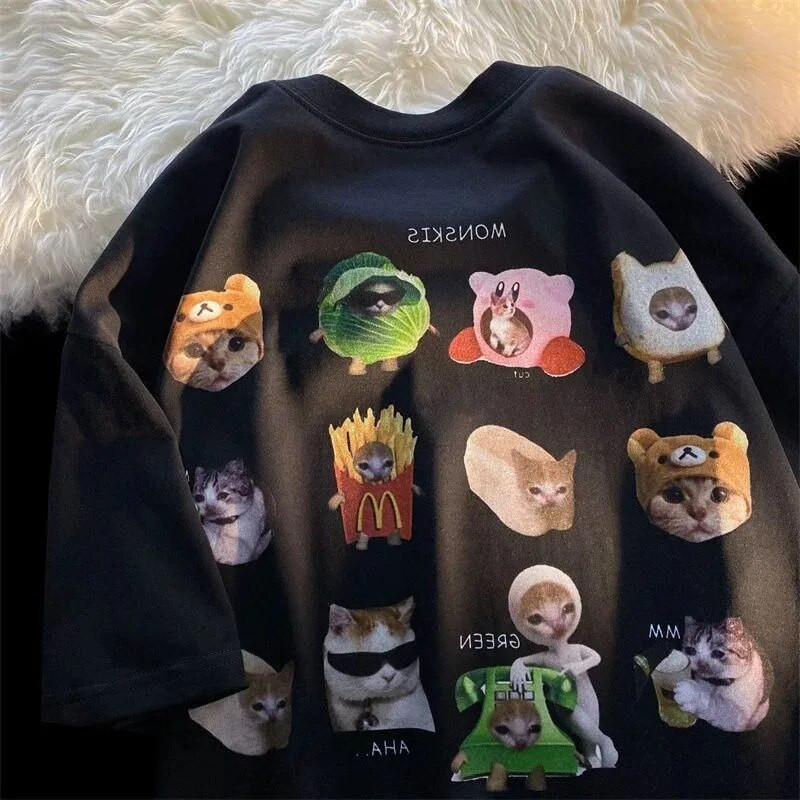 Otisnuta naljepnica slatke mačke Velika majica kratkih rukava Pamučna Y2K majica s uzorkom za tinejdžere Ljetna opuštena ležerna majica