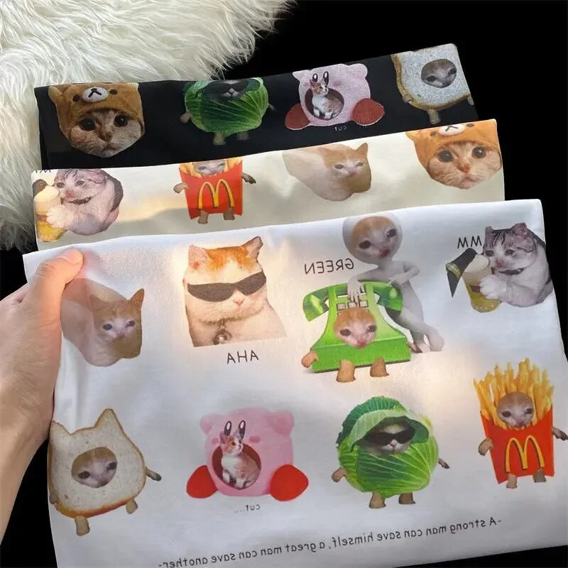 Otisnuta naljepnica slatke mačke Velika majica kratkih rukava Pamučna Y2K majica s uzorkom za tinejdžere Ljetna opuštena ležerna majica