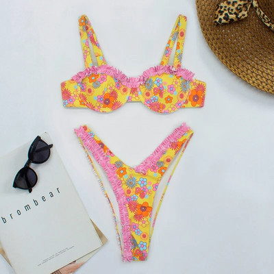 Proljetni bikini set Pleasted Swimsuit Y2k Seksi bikini Kupaći kostimi s printom i žicom Ženski kupaći kostimi Odjeća za plažu Triangle Thong Biquini