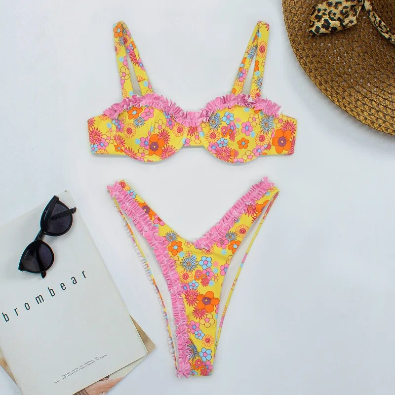 Proljetni bikini set Pleasted Swimsuit Y2k Seksi bikini Kupaći kostimi s printom i žicom Ženski kupaći kostimi Odjeća za plažu Triangle Thong Biquini