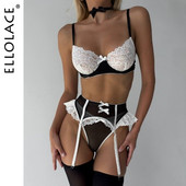 Ellolace Maid Outfit Εσώρουχα Δαντέλα με κάλτσες Εσώρουχα Cutey Bowknot εσώρουχα με μαλλιαρόμπαλες Δείτε μέσα από αισθησιακά φανταχτερά εξωτικά σετ