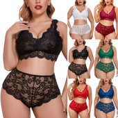 Γυναικείο Κέντημα Σετ Σουτιέν Lace Deep V Neck Push Up Seamless Top + ψηλόμεσο στρινγκ σετ εσωρούχων Σέξι εσώρουχα Plus Size L5