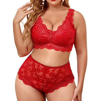 Γυναικείο Κέντημα Σετ Σουτιέν Lace Deep V Neck Push Up Seamless Top + ψηλόμεσο στρινγκ σετ εσωρούχων Σέξι εσώρουχα Plus Size L5