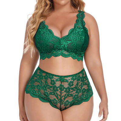 Γυναικείο Κέντημα Σετ Σουτιέν Lace Deep V Neck Push Up Seamless Top + ψηλόμεσο στρινγκ σετ εσωρούχων Σέξι εσώρουχα Plus Size L5