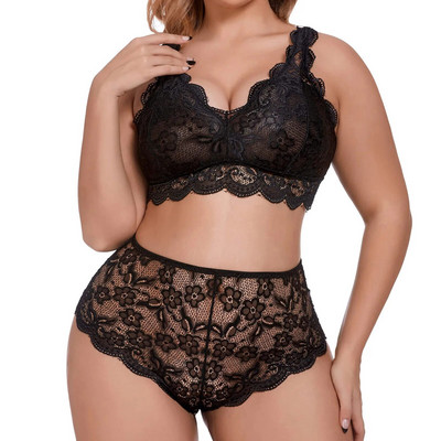 Γυναικείο Κέντημα Σετ Σουτιέν Lace Deep V Neck Push Up Seamless Top + ψηλόμεσο στρινγκ σετ εσωρούχων Σέξι εσώρουχα Plus Size L5