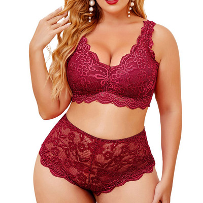 Γυναικείο Κέντημα Σετ Σουτιέν Lace Deep V Neck Push Up Seamless Top + ψηλόμεσο στρινγκ σετ εσωρούχων Σέξι εσώρουχα Plus Size L5