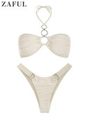 ZAFUL Moteriškas aukšto kirpimo bikinio rinkinys maudymosi kostiumėlis Brazilian Halter Žakardo tekstūros O formos žiedas bikini maudymosi kostiumėlis, dviejų dalių maudymosi kostiumėlis