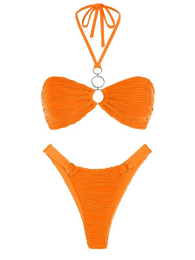 ZAFUL Moteriškas aukšto kirpimo bikinio rinkinys maudymosi kostiumėlis Brazilian Halter Žakardo tekstūros O formos žiedas bikini maudymosi kostiumėlis, dviejų dalių maudymosi kostiumėlis