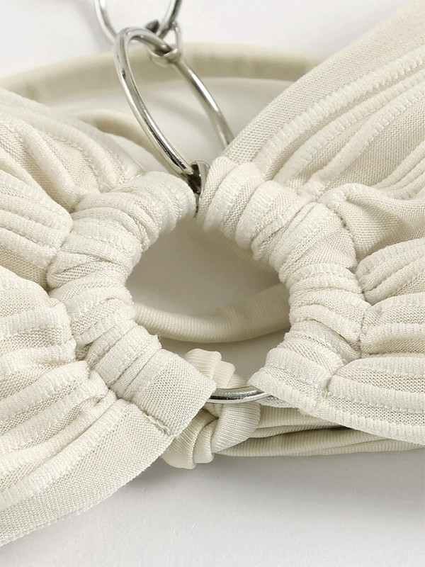 ZAFUL Moteriškas aukšto kirpimo bikinio rinkinys maudymosi kostiumėlis Brazilian Halter Žakardo tekstūros O formos žiedas bikini maudymosi kostiumėlis, dviejų dalių maudymosi kostiumėlis