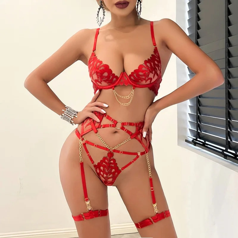 Ellolace Red Hot Seksi donje rublje Push Up Fantasy donje rublje Brazilski intimni kompleti Prozirna čipkana luksuzna opsesivna odjeća