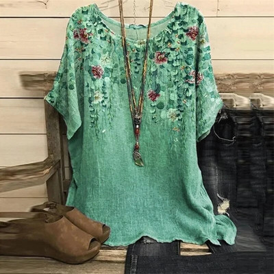 2023 m. Nauja apvalia apykakle, gėlėmis marginta, viršutinė retro spalvos megztinė vasarinė palaida trumpomis rankovėmis didelio dydžio marškinėliai Madingi marškinėliai S-6xl