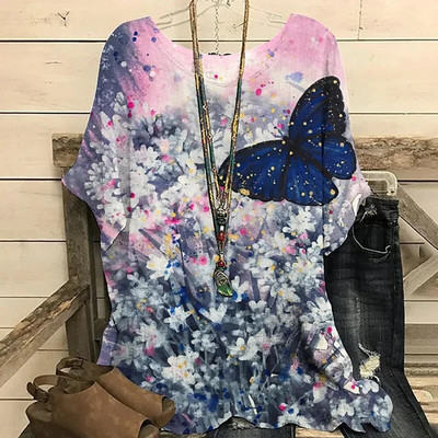 2023 m. Nauja apvalia apykakle, gėlėmis marginta, viršutinė retro spalvos megztinė vasarinė palaida trumpomis rankovėmis didelio dydžio marškinėliai Madingi marškinėliai S-6xl