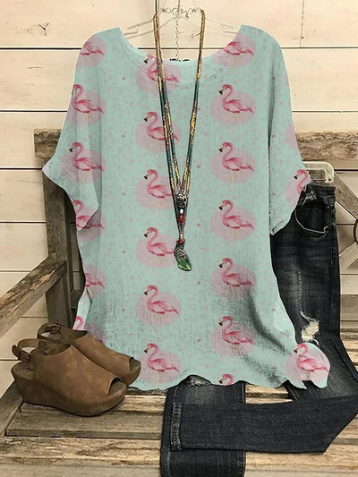 2023 m. Nauja apvalia apykakle, gėlėmis marginta, viršutinė retro spalvos megztinė vasarinė palaida trumpomis rankovėmis didelio dydžio marškinėliai Madingi marškinėliai S-6xl