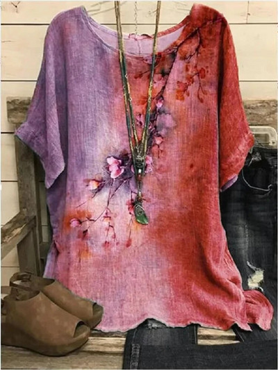 2023 m. Nauja apvalia apykakle, gėlėmis marginta, viršutinė retro spalvos megztinė vasarinė palaida trumpomis rankovėmis didelio dydžio marškinėliai Madingi marškinėliai S-6xl