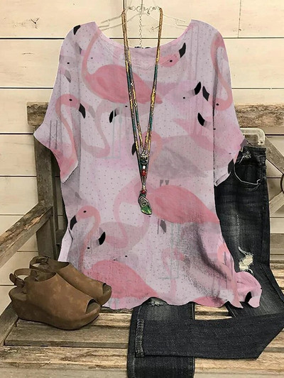 2023 m. Nauja apvalia apykakle, gėlėmis marginta, viršutinė retro spalvos megztinė vasarinė palaida trumpomis rankovėmis didelio dydžio marškinėliai Madingi marškinėliai S-6xl