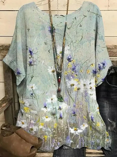 2023 m. Nauja apvalia apykakle, gėlėmis marginta, viršutinė retro spalvos megztinė vasarinė palaida trumpomis rankovėmis didelio dydžio marškinėliai Madingi marškinėliai S-6xl