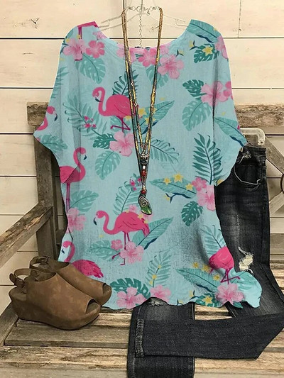 2023 m. Nauja apvalia apykakle, gėlėmis marginta, viršutinė retro spalvos megztinė vasarinė palaida trumpomis rankovėmis didelio dydžio marškinėliai Madingi marškinėliai S-6xl