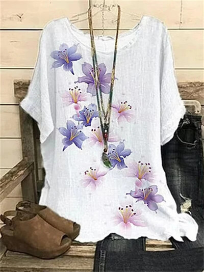 2023 m. Nauja apvalia apykakle, gėlėmis marginta, viršutinė retro spalvos megztinė vasarinė palaida trumpomis rankovėmis didelio dydžio marškinėliai Madingi marškinėliai S-6xl