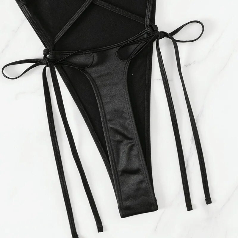 Seksi crni jednodijelni kupaći kostim bez leđa s užetom i križem, ženski jednodijelni kupaći kostim 2024. Izdubljeni monokini kupaći kostim s visokim izrezom, kupaći kostim