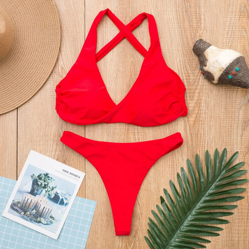 Seksi jednobojni crveni bikini 2024 Push Up podstavljeni kupaći kostimi Ženski bandage mikro bikini Ženski kupaći kostim visokog struka Biquini