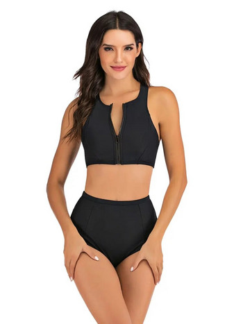 Дамски комплект бикини отпред с цип и висока талия Racerback Спортен бански костюм от две части Бански костюм Tummy Control Swimwear