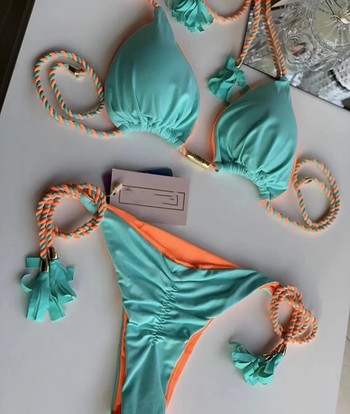 Нов дамски бикини без гръб с въже и триъгълник, многоцветен бански костюм