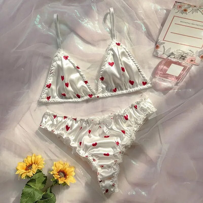 2db női melltartó szett szatén szívvel nyomott pizsama Push Up melltartó Bralette és G-String tangák női puha fehérnemű hálóruha nagy méretű