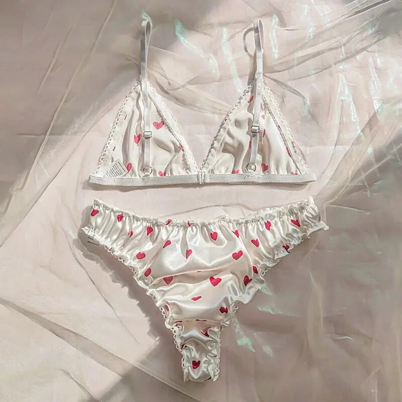 2db női melltartó szett szatén szívvel nyomott pizsama Push Up melltartó Bralette és G-String tangák női puha fehérnemű hálóruha nagy méretű