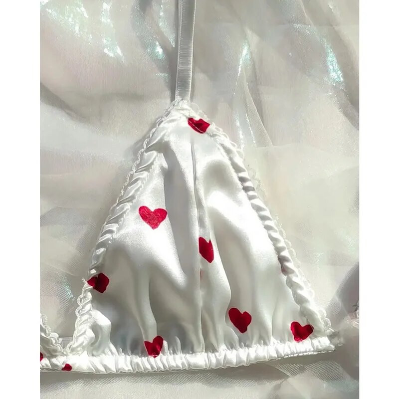 2db női melltartó szett szatén szívvel nyomott pizsama Push Up melltartó Bralette és G-String tangák női puha fehérnemű hálóruha nagy méretű